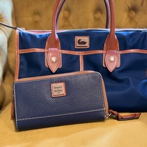 Dooney & Bourke Navy Striped Canvas with Brown Leather & Pebbled Leather Wallet
